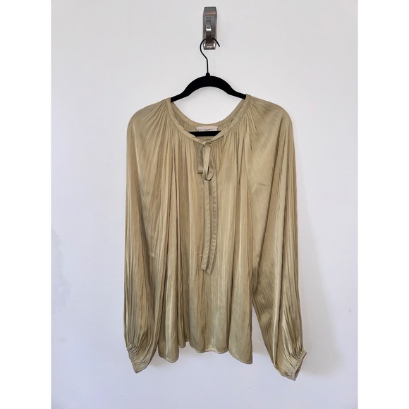 By Together Long Sleeve Blouse Tie Neck Top Flowy‎ Olive Green Shirt - Picture 1 of 3